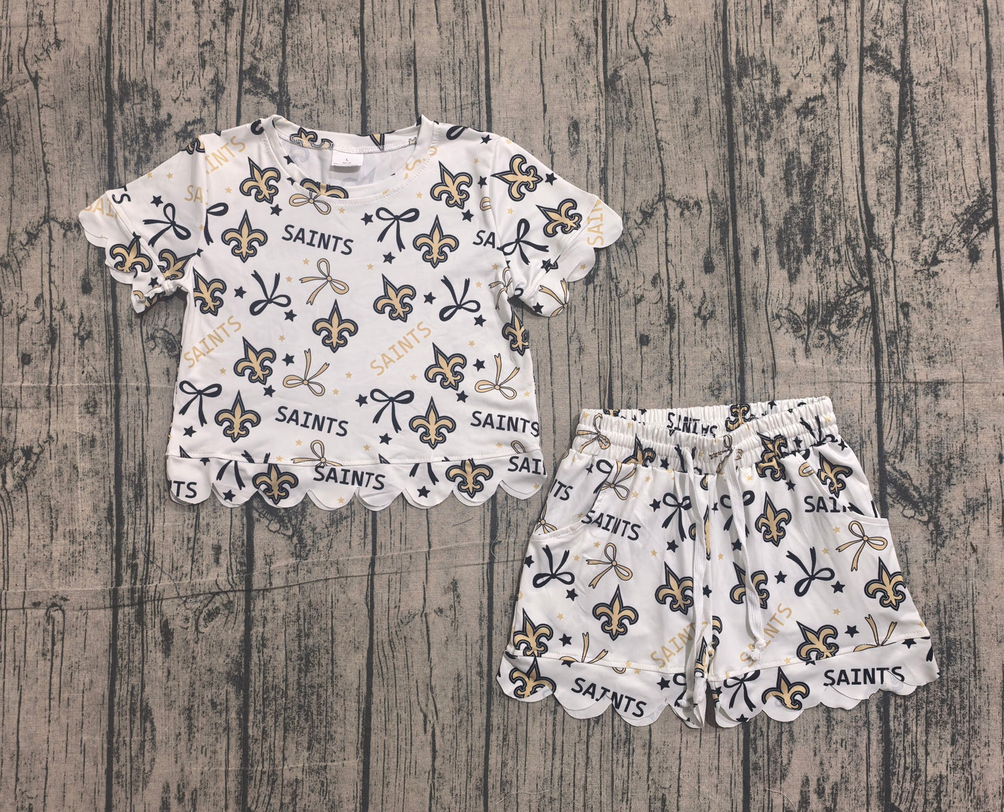 Preorder Baby Girls Kids Short Sleeves Bows Team Zipper Shirt Scallop Shorts Set Clothes