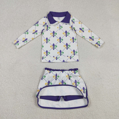 Baby Girls Kids Zipper Tops Anchors Shorts Skirt Skort Mardi Gras Yoga Active Set