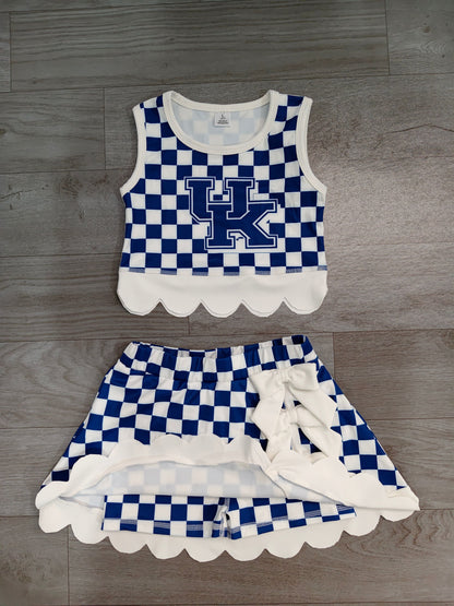 No moq Preorder Baby Girls Kids Blue Checked Shirt Scallop Bows Skirt Shorts Team Set Yoga Active Clothes