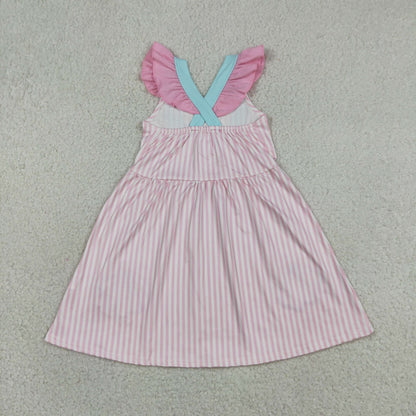 Baby Girls Kids Short Sleeves Embroidery Shell Bows Stripes Ruffle Dress
