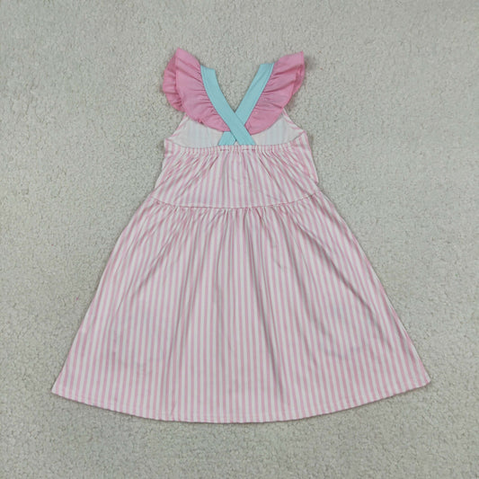 Baby Girls Kids Short Sleeves Embroidery Shell Bows Stripes Ruffle Dress