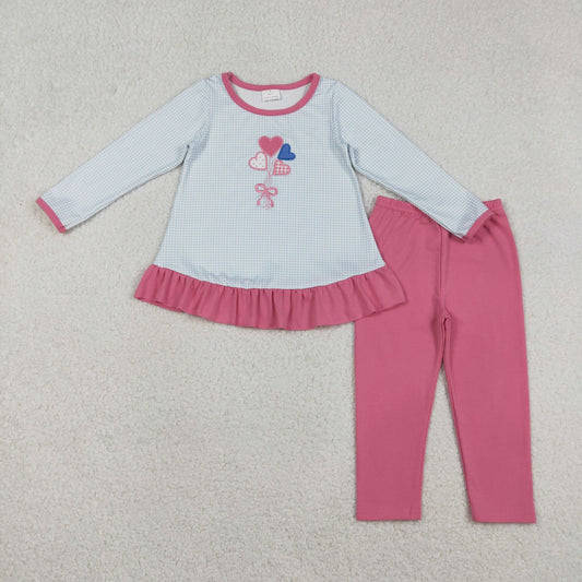 Baby Girls Kids Embroidery Hearts Plaid Tunic Pink Pants Valentine's Day Clothes Set