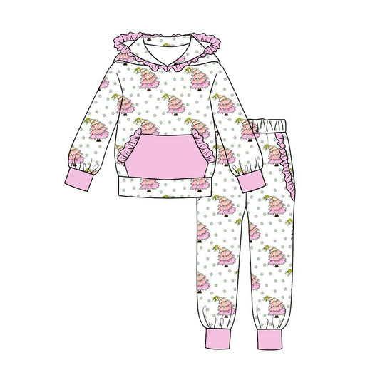 Moq 5 Preorder Baby Girls Kids Christmas Tree Hoodie Pullover Ruffle Pockets Pants Set Clothes