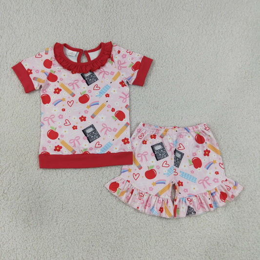 Baby Girls Kids Short Sleeves Pencil Bows Flower Shirt Ruffle Shorts Back to School Set