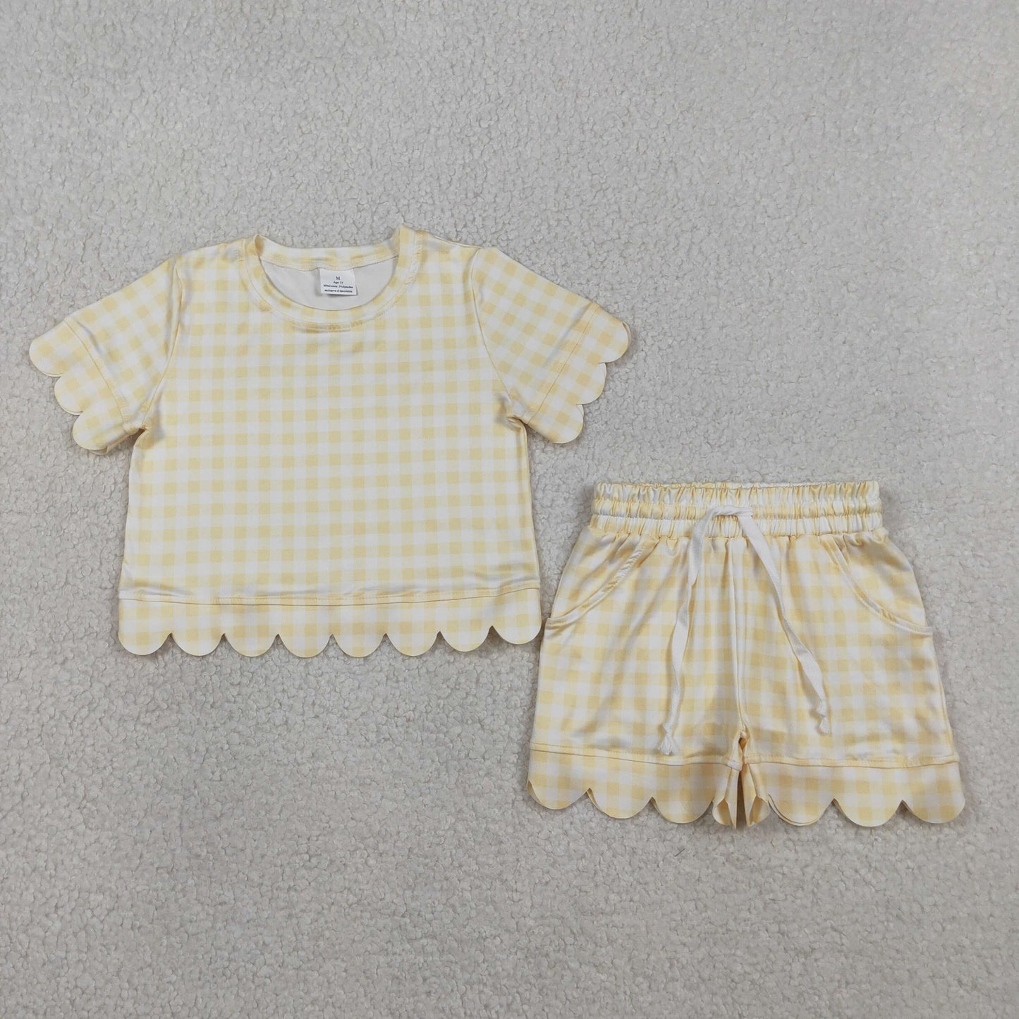 RTS Baby Girls Kids Short Sleeves Plaid Shirt Scallop Shorts Yellow Clothes Set