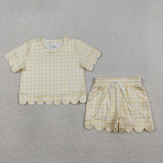 RTS Baby Girls Kids Short Sleeves Plaid Shirt Scallop Shorts Yellow Clothes Set