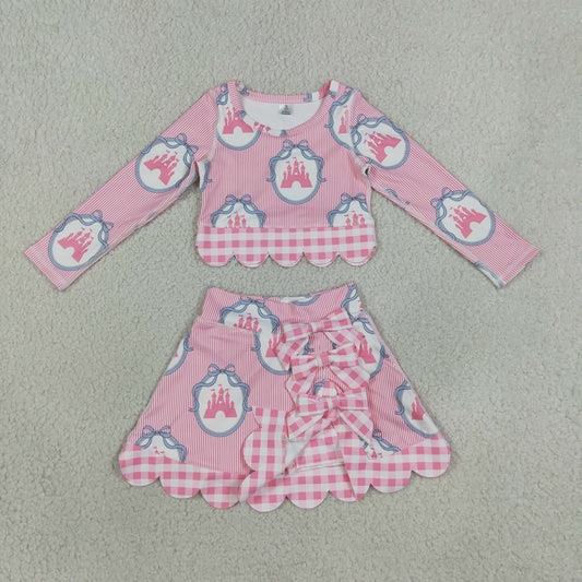 Baby Girls Stripes Castles Scallop Tops Bows Skirt Shorts Set Yoga Active Pink Clothes
