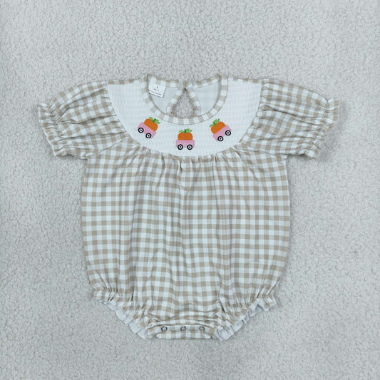 Baby Girls Infant Embroidery Pumpkins Trucks Plaid Pockets Fall Bubble Romper