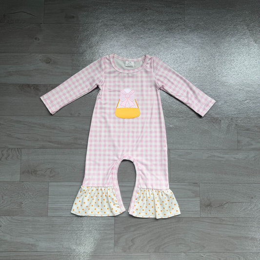 No moq  Preorder Baby Girls Infant Embroidery Halloween Bows Candy Pink Plaid Romper