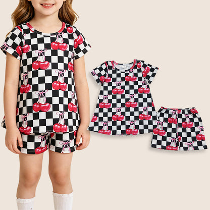 Baby Boys Toddler Short Sleeves Cherry Black Checked Tops Shorts Summer Set