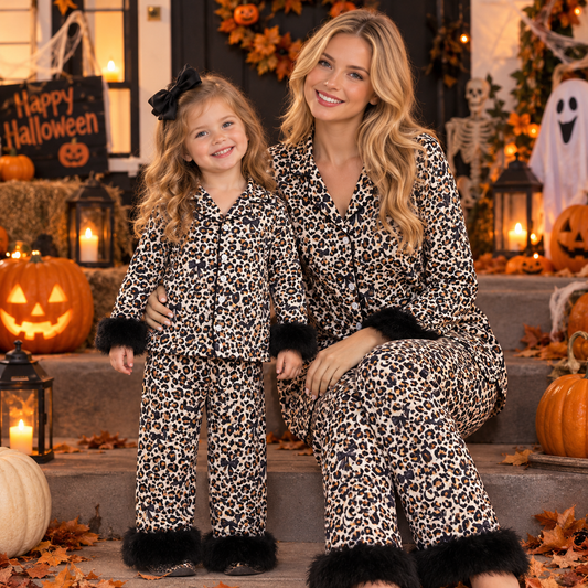 Sibling Baby Girls Adult Women Bats Bows Leopard Buttons Shirts Pants Halloween Fur Pajamas Sets