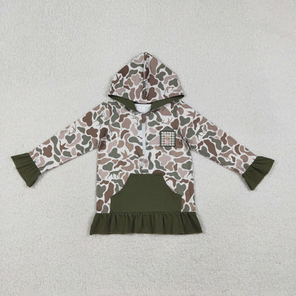 Baby Girl Long Sleeves Embroidery Deer Dog Duck Hoodie Zipper Green Camo Shirt