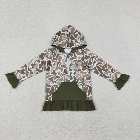 Baby Girl Long Sleeves Embroidery Deer Dog Duck Hoodie Zipper Green Camo Shirt