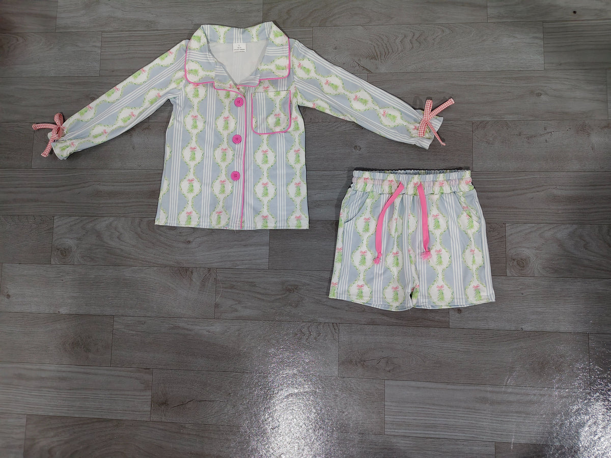 No moq Preorder Baby Girls Kids Christmas Tree Bows Buttons Shirt Pockets Shorts Blue Pajamas Set Clothes