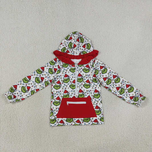 Baby Girl Long Sleeves Green Face Lights Zipper Pocket Hoodie Christmas Shirt