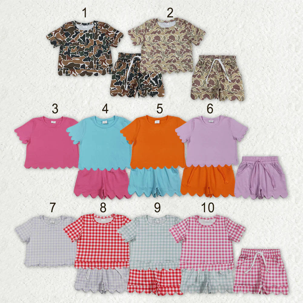 RTS Sibling Baby Girls Kids Short Sleeves Shirts Scallop Shorts Sets Summer Clothes