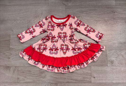 No moq Preorder Baby Girls Kids Long Sleeves Christmas Candy Cane Bows Knee Length Dress
