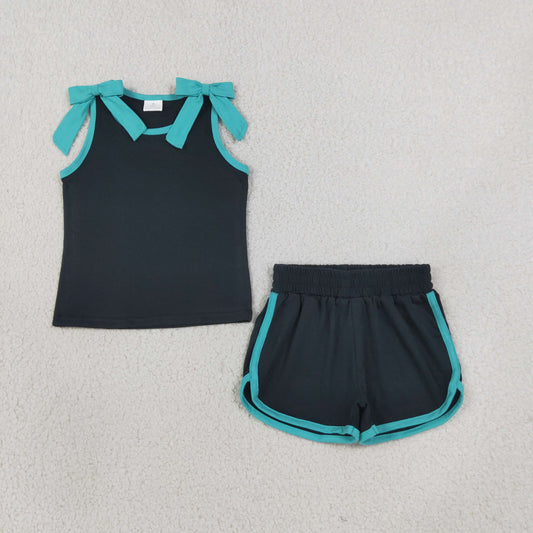 Baby Girls Kids Green Trim Sleeveless Bows Shirt Shorts Black Set Summer Clothes