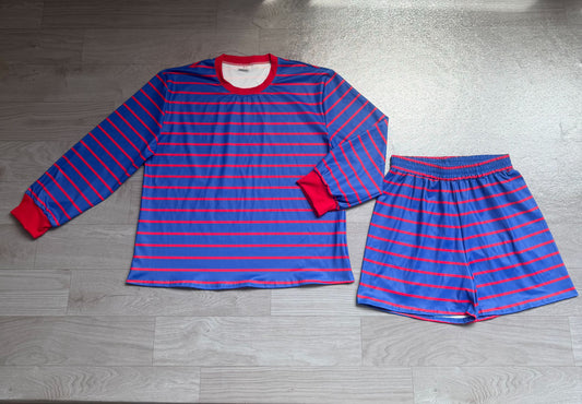 (No moq Preorder Adult Women Long Sleeves Shirt Red Stripes Shorts Yoga Active Blue Set
