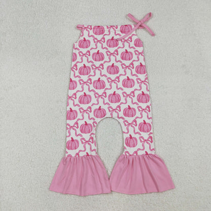 Baby Girl Halter Pink Bows Pumpkins Fall Romper Jumpsuit