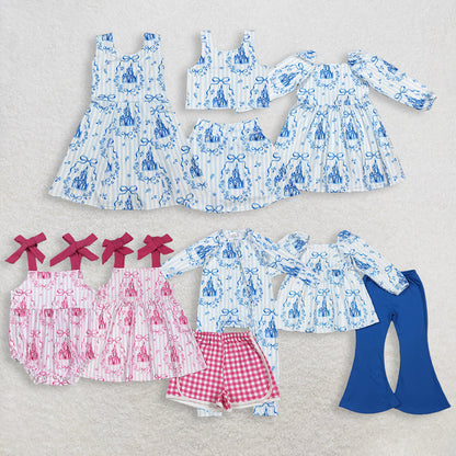 RTS Sibling Baby Girls Kids Castles Bows Flower Rompers Dress Sets