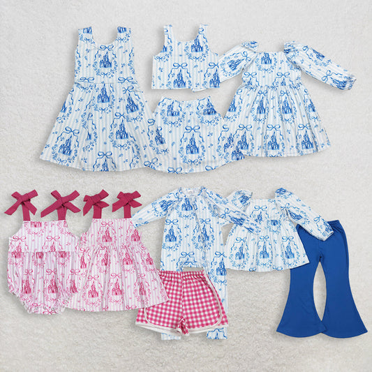 RTS Sibling Baby Girls Kids Castles Bows Flower Rompers Dress Sets