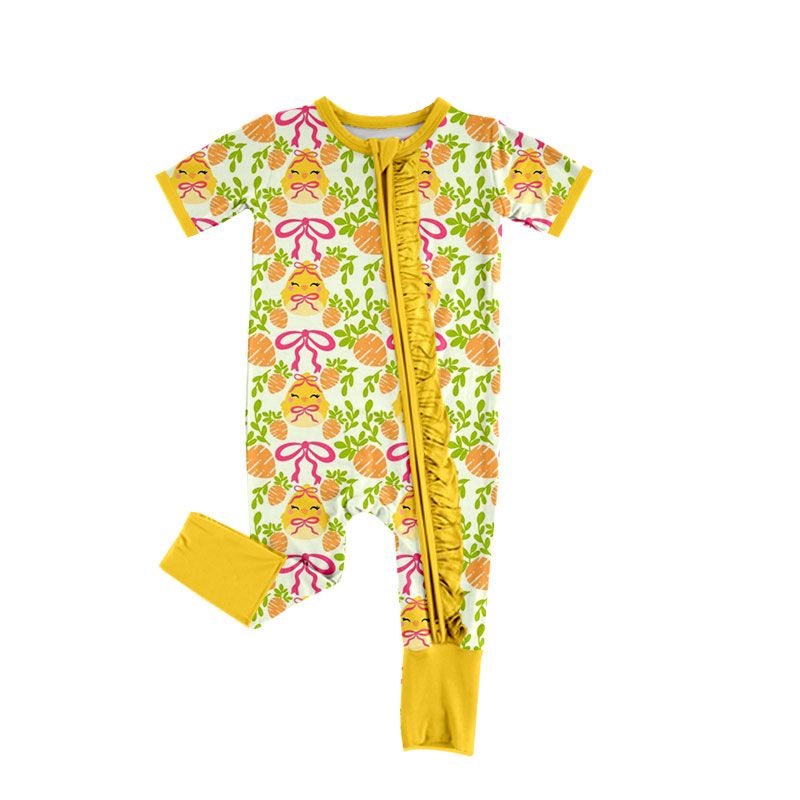 Moq 5 Preorder Baby Girls Kids Carrots Chicks Bows Zipper Footie Romper Easter Clothes
