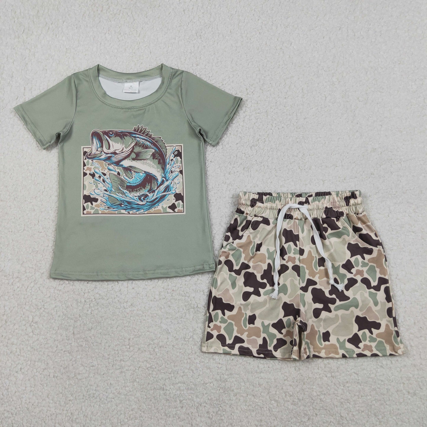 RTS Baby Boys Kids Short Sleeves Fish Green Shirt Camo Pockets Shorts Set