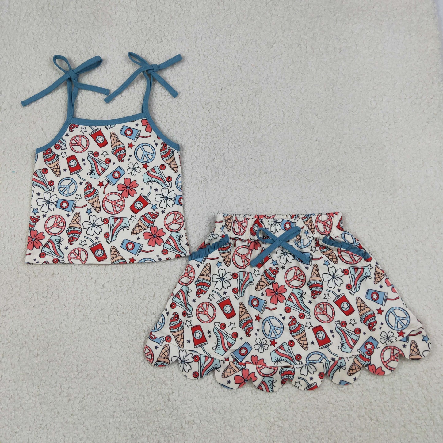 Baby Girl Kids Straps Flower Tops Pockets Skirt Shorts 4th of July Set