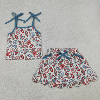 Baby Girl Kids Straps Flower Tops Pockets Skirt Shorts 4th of July Set