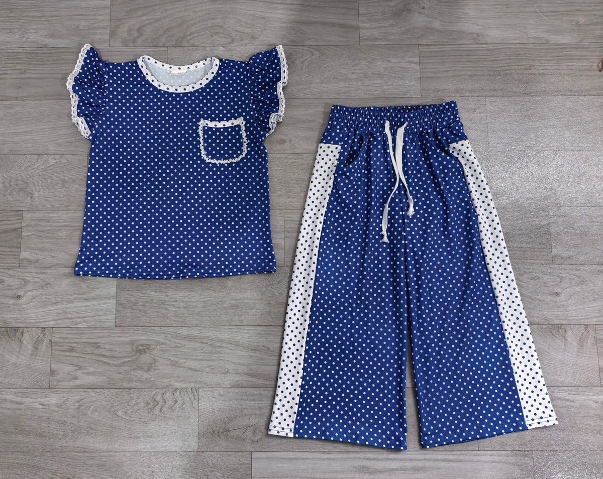 No moq Preorder Baby Girls Kids Short Sleeves Dot‌s Tops Pockets Pants Blue Set Team Clothes