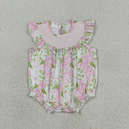 Baby Girls Infant Short Sleeves Embroidery Plaid Pink Flower Bubble Romper RTS