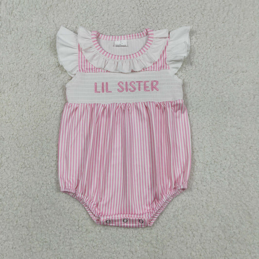 Baby Girls Short Sleeves Embroidery Smocked Little Sister Pink Stripes Bubble Romper