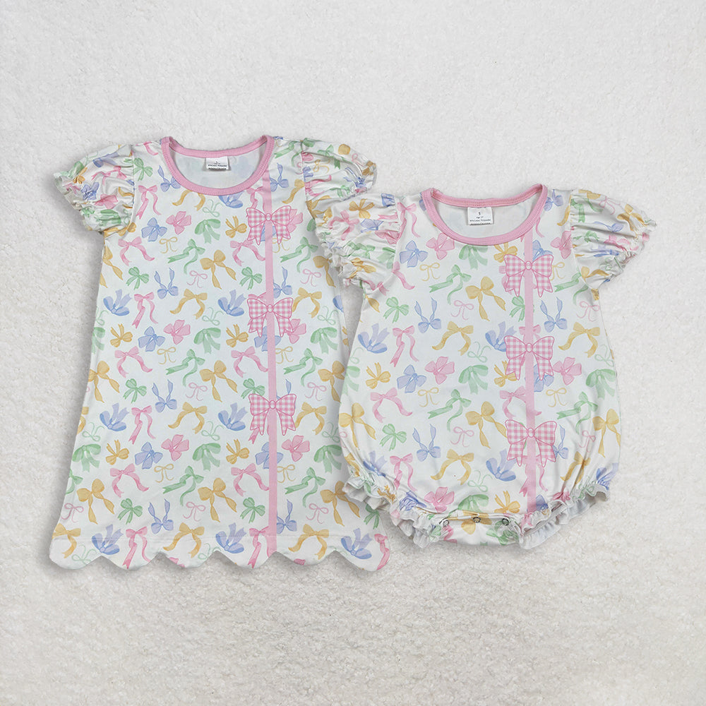 RTS Sibling Baby Girls Kids Short Sleeves Colorful Bows Romper Dress Summer Clothes