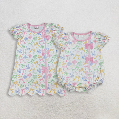RTS Sibling Baby Girls Kids Short Sleeves Colorful Bows Romper Dress Summer Clothes