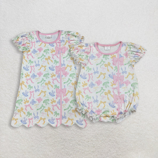 RTS Sibling Baby Girls Kids Short Sleeves Colorful Bows Romper Dress Summer Clothes