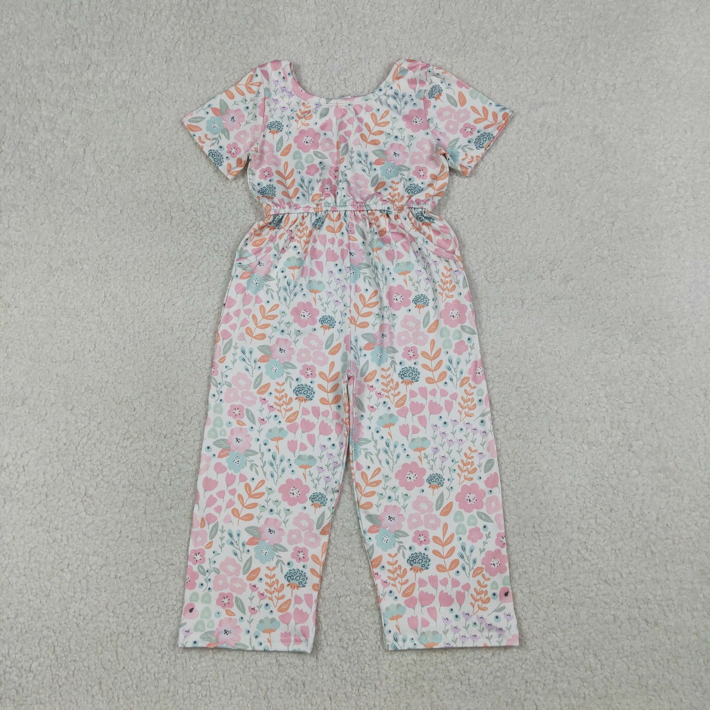 RTS Baby Girls Toddler Short Sleeves Flower Pockets Pants Jumpsuit