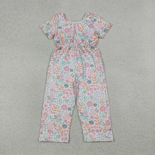 RTS Baby Girls Toddler Short Sleeves Flower Pockets Pants Jumpsuit