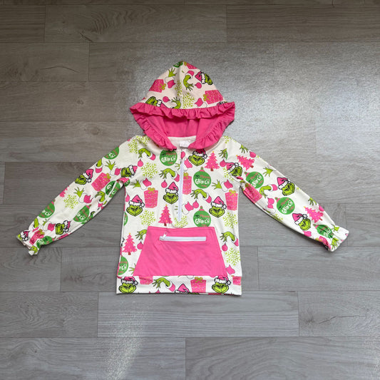No moq Preorder Baby Girl Long Sleeves Green Face Tree Hoodie Zipper Pocket Christmas Shirt