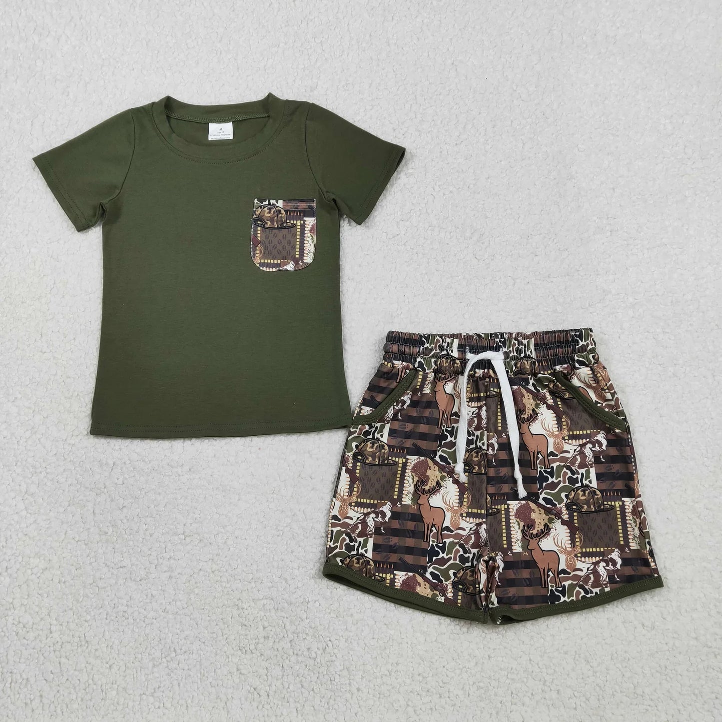 RTS Sibling Baby Boys Kids Deer Hats Camo Shirt Pockets Shorts Set Romper Hunting Clothes