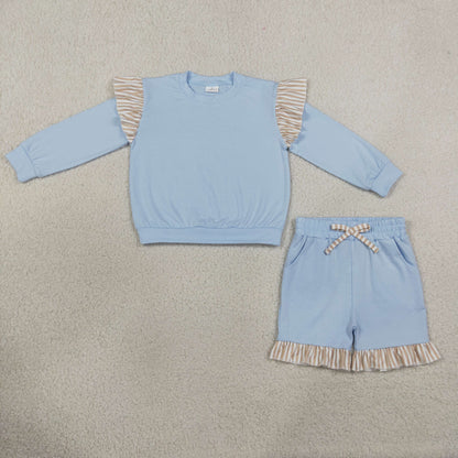 Sibling Baby Girls Kids Long Sleeves Shirts Pockets Shorts Pants Cotton Blue Sets Clothes