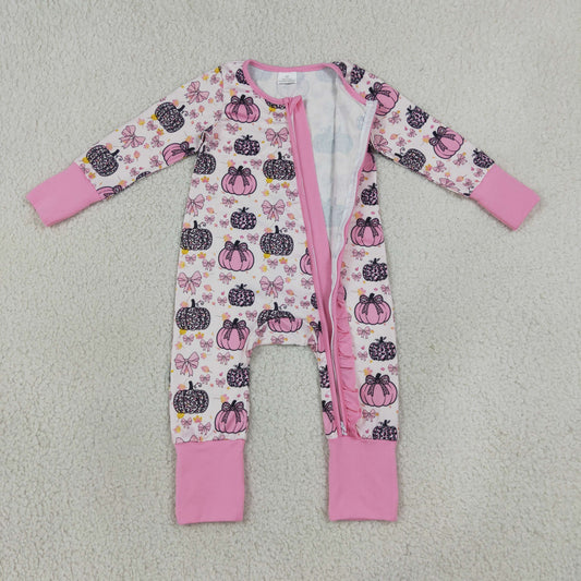 Baby Girls Infant Long Sleeves Pumpkins Bows Pink Ruffle Zipper Romper Fall Clothes