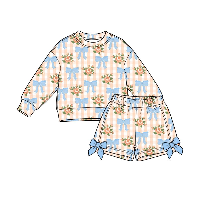 Moq 5 Preorder Baby Girls Kids Long Sleeves Flower Bows Plaid Shirt Shorts Set Clothes