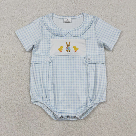 Baby Boys Infant Chicks Rabbit Blue Plaid Easter Romper