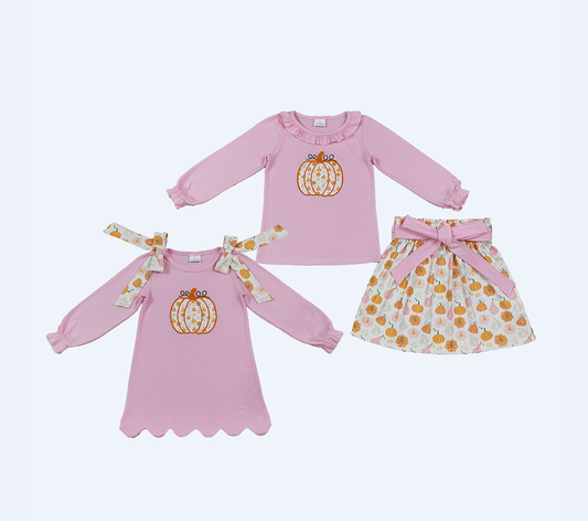 Sibling Baby Girls Kids Embroidery Pumpkins Bows Set Scallop Dress Fall Clothes