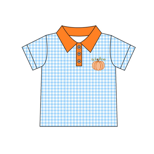 Moq 5 Preorder Baby Boys Kids Pumpkin Blue Plaid Buttons Shirt Kids Thanksgiving Clothes