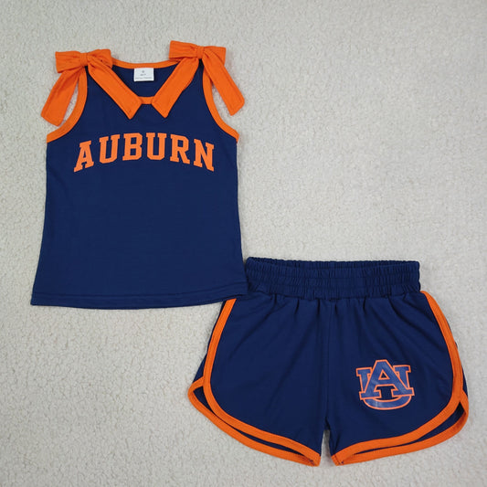 Baby Girls Kids Sleeveless Bows Cotton Shirt Shorts Navy Set Cheer Team Clothes