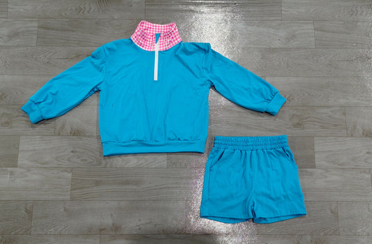 No moq Preorder Baby Girls Kids Blue Long Sleeves Zipper Pullover Pockets Shorts Set Cotton Clothes