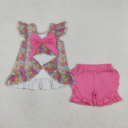 Baby Girls Kids Short Sleeves Flower Tunic Pink Ruffle Shorts Summer Set