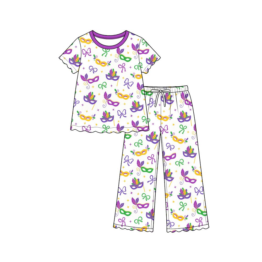 Moq 5 Preorder Baby Girls Kids Masks Bows Shirt Scallop Pants Mardi Gras Set Clothes
